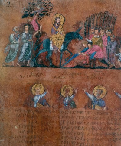 Detail of a Folio from the Codex Purpureus Rossanensis, Greek Evangelist Miniature in One Scriptorium Probably from Antioch in Syria or Cesarea Palestina. Kept in the Diocesan Museum of Rossano by Byzantine School